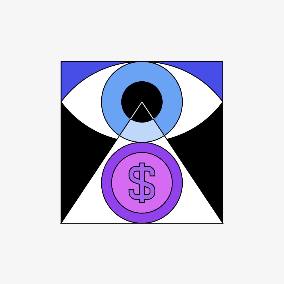 Abstract illustration of a blue eye and purple dollar signs 