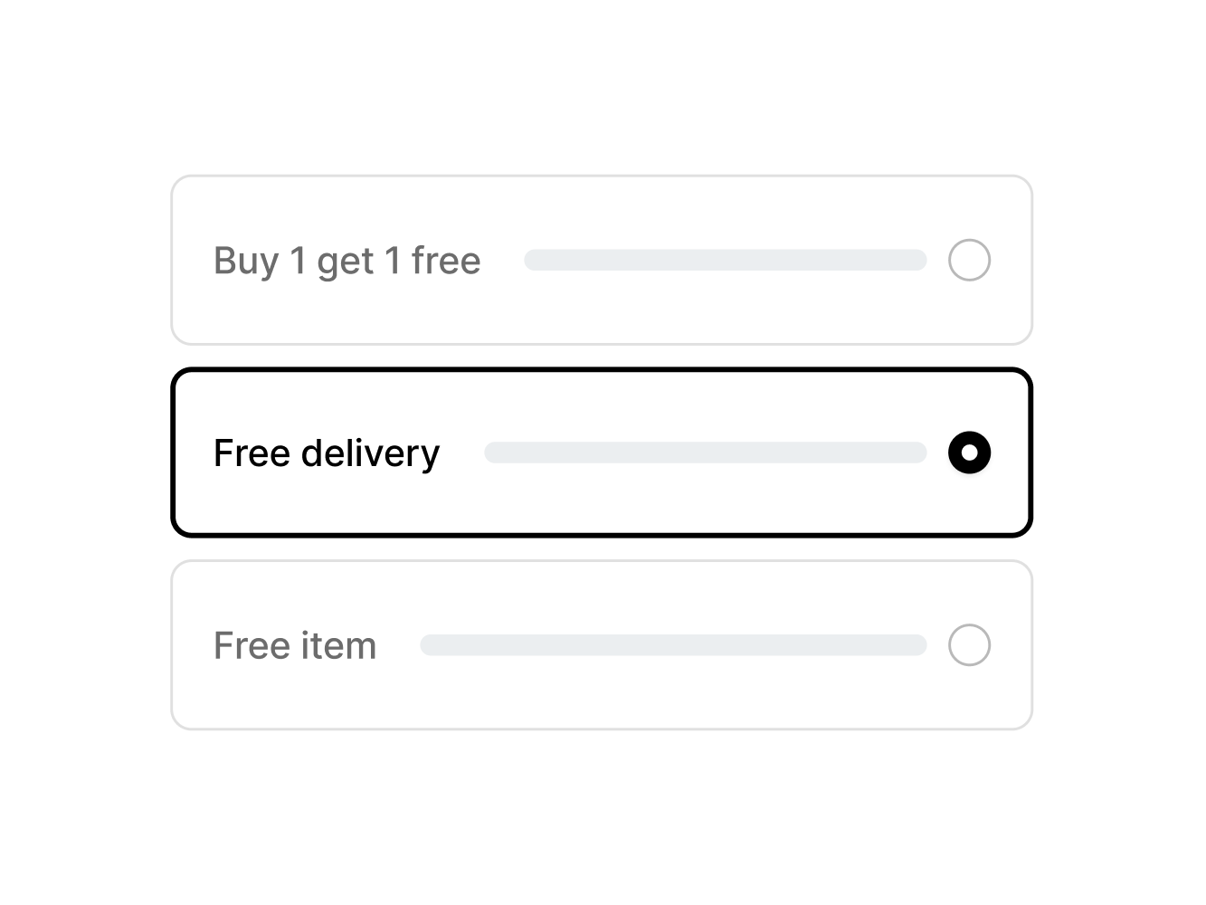 Image of types of promotions available for toggle:  Buy 1 get 1 free, Free delivery, Free item